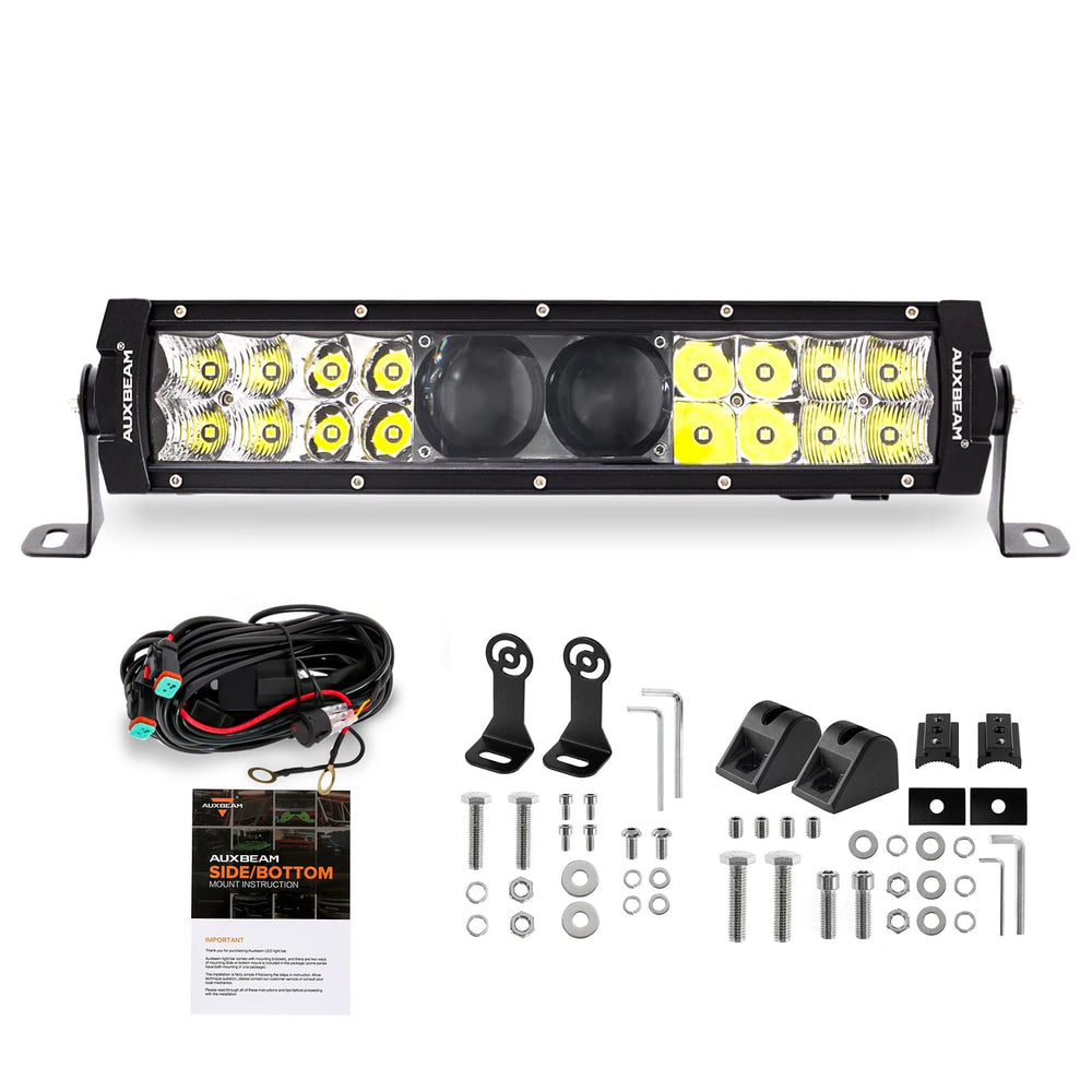 Auxbeam 12-inch LED light bar with 5D Pro Lens delivering longer reach for night driving.
