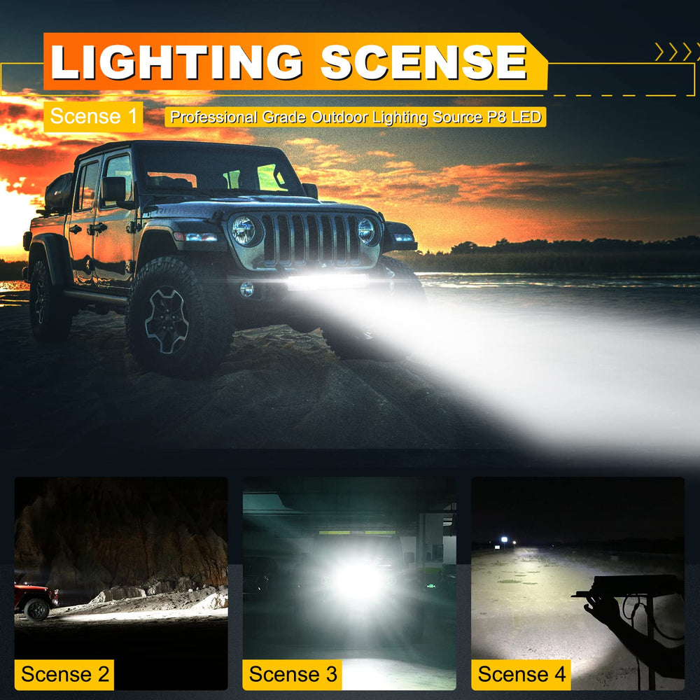 Auxbeam 12-inch light bar showing spot and flood beams for versatile off-road lighting.