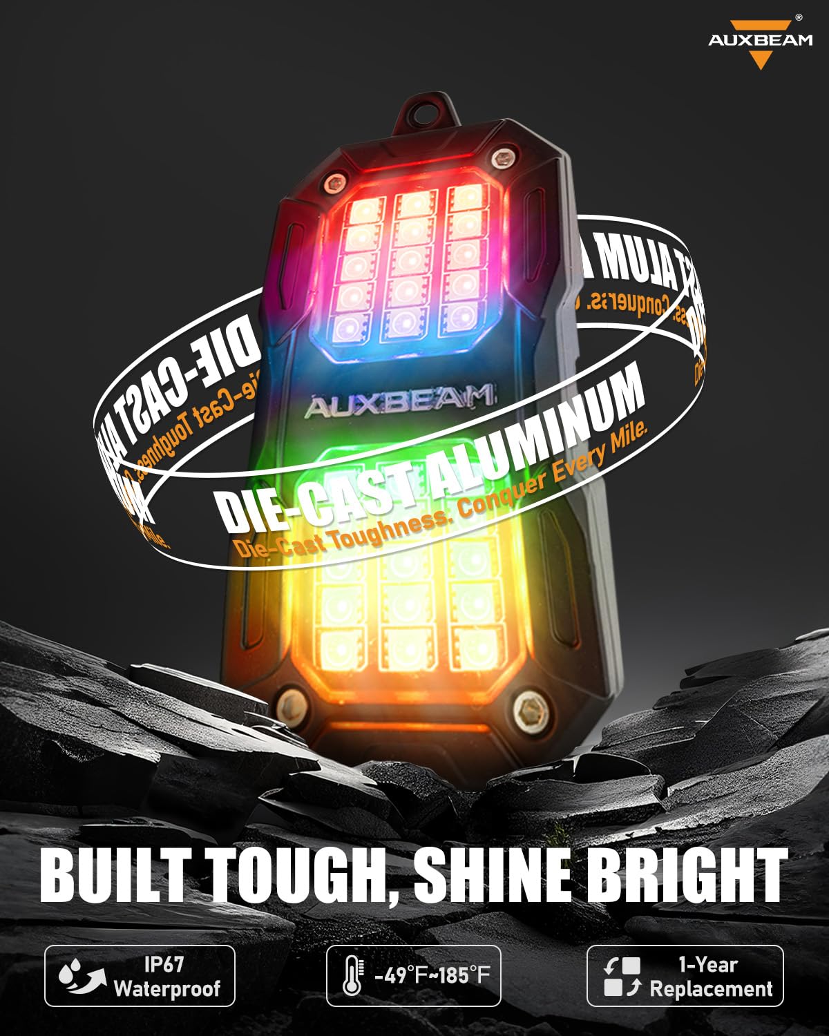 Auxbeam 12V compatibility enables simple plug-and-play installation.