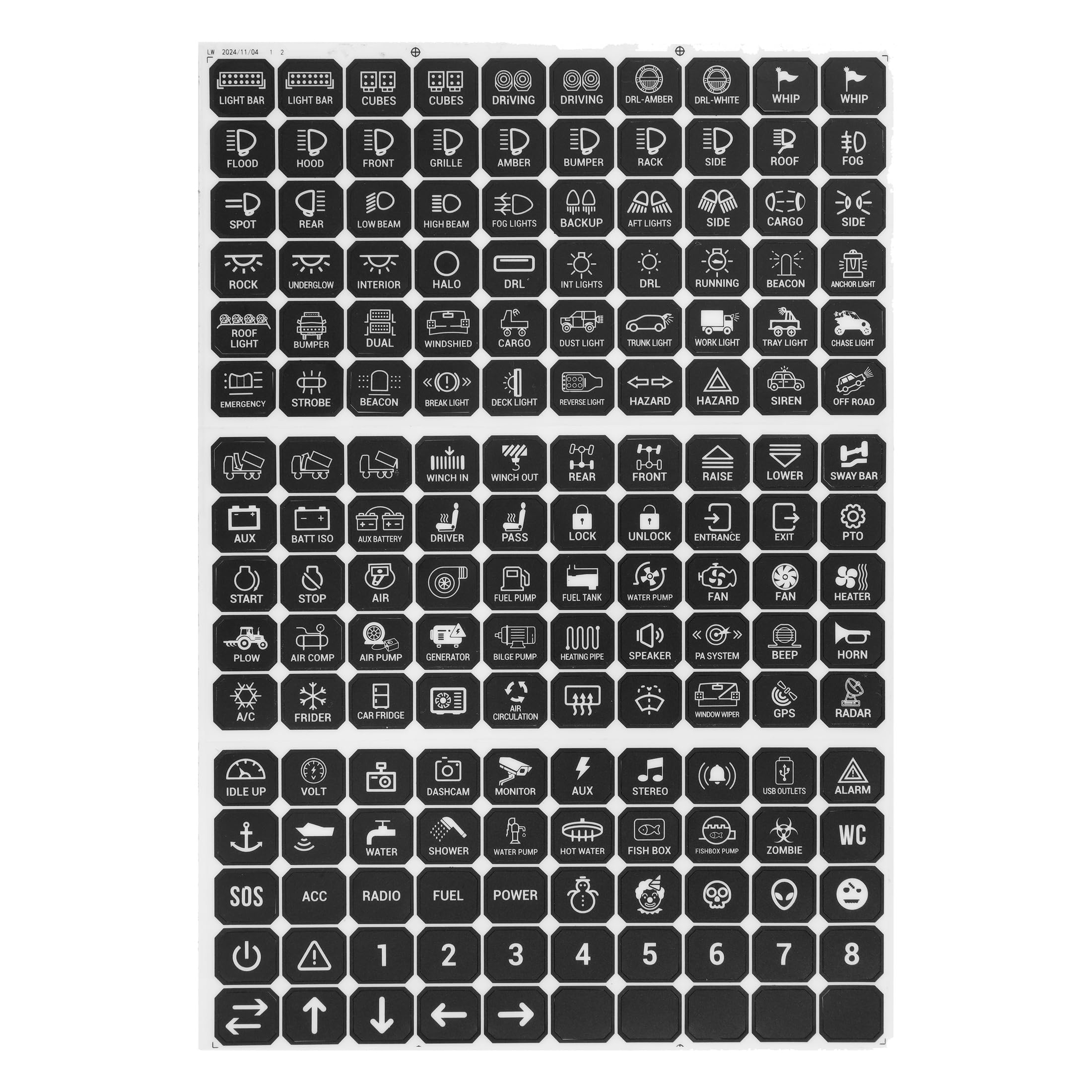 Auxbeam 160pcs switch panel stickers kit layout for easy customization.