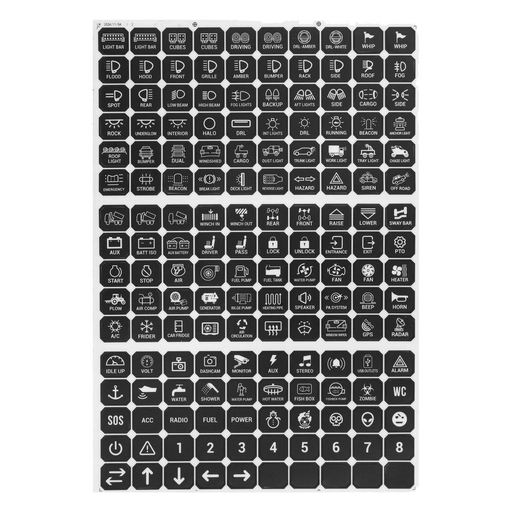 Auxbeam 160pcs switch panel stickers kit layout for easy customization.
