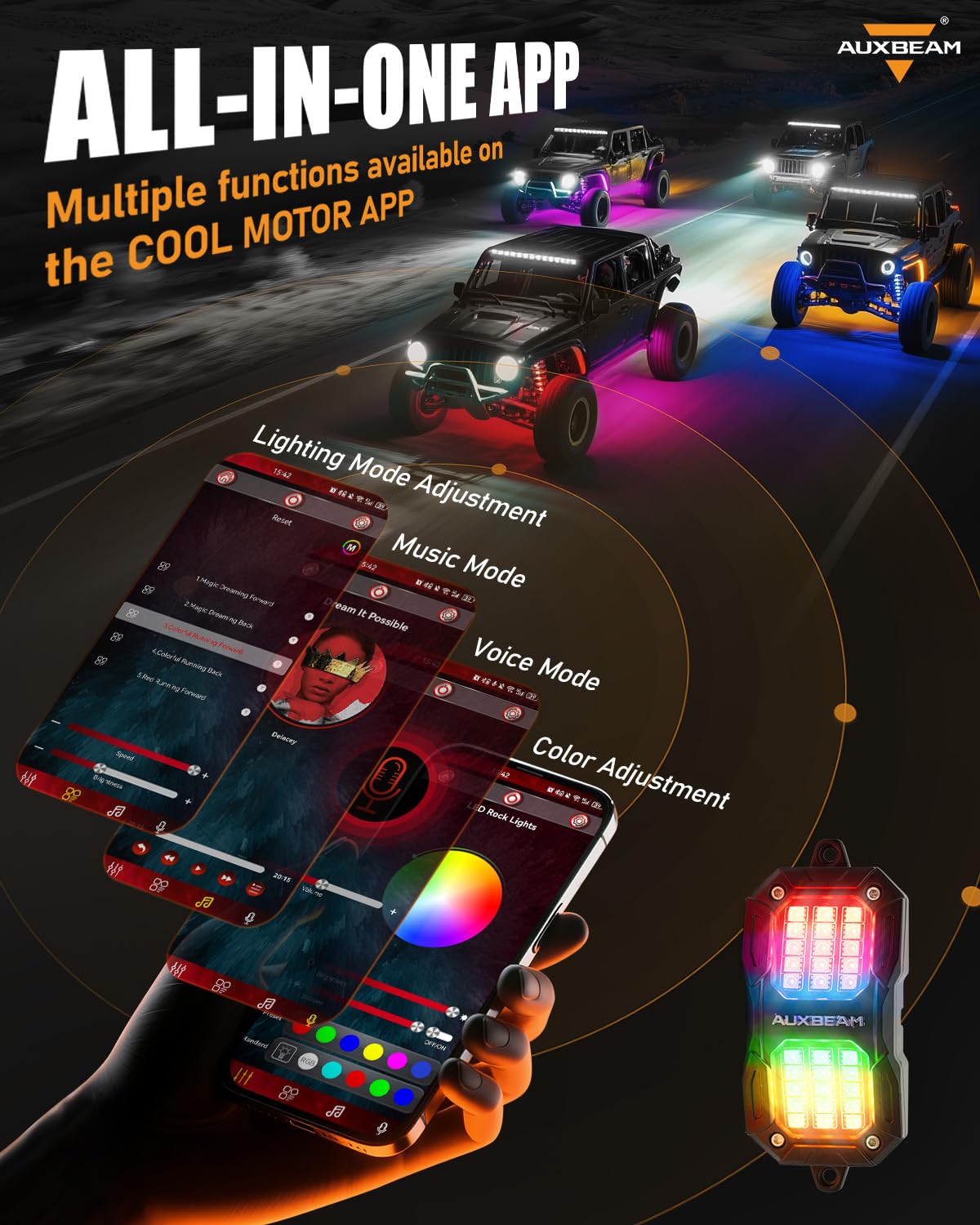 Auxbeam 217-degree illumination ensures broad coverage for off-road visibility.