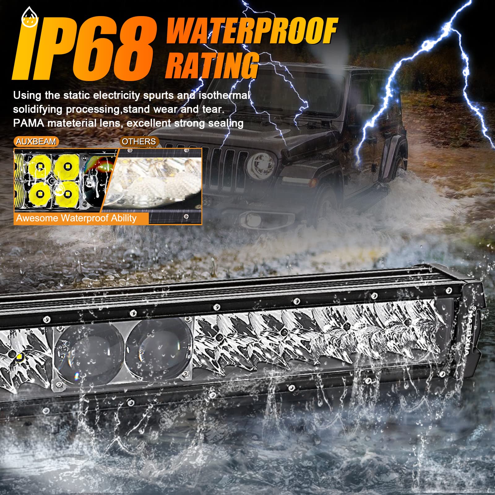Auxbeam 22in light bar IP68 housing endures harsh weather for outdoor use.
