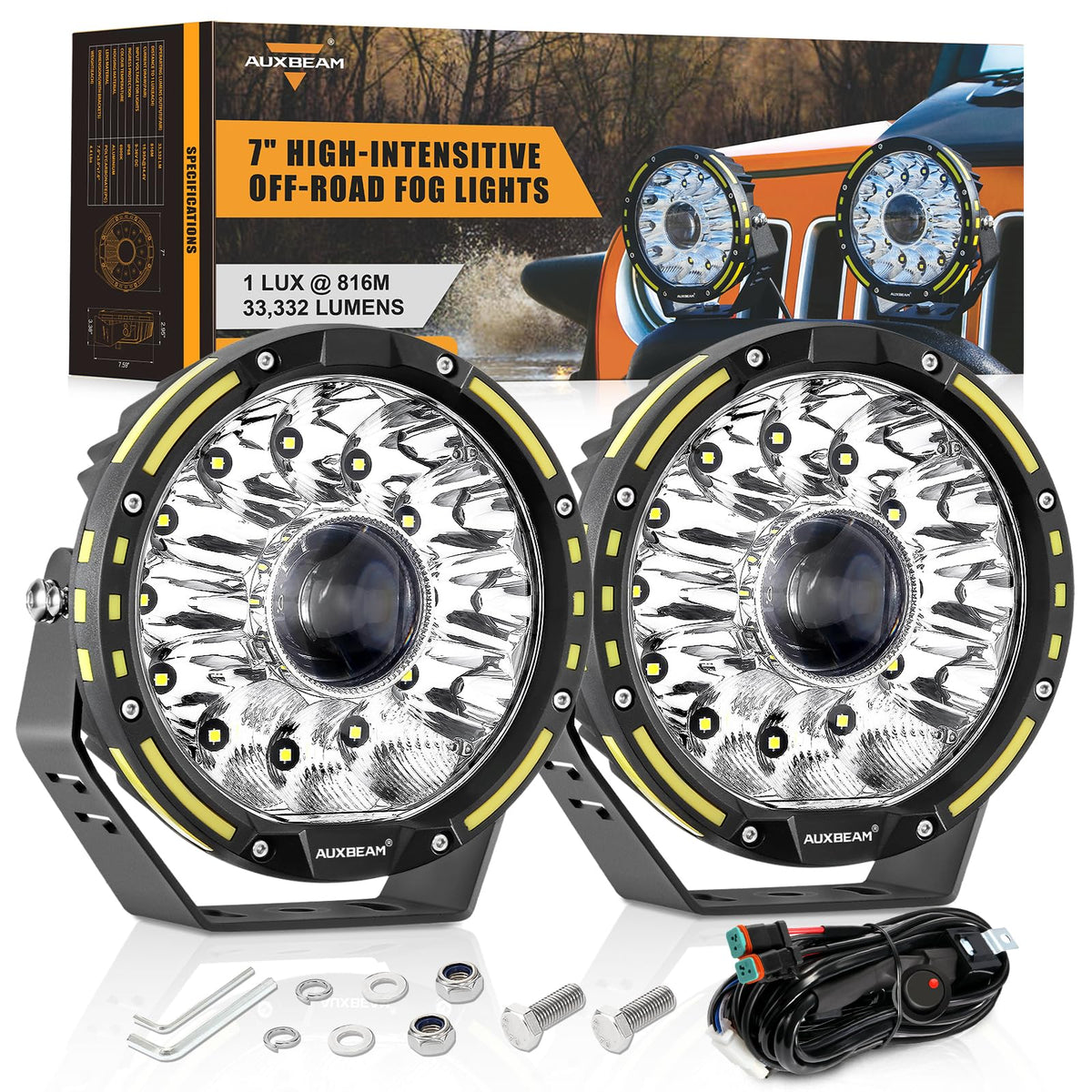 Auxbeam 360-PRO 7-inch round LED light front view for enhanced night visibility