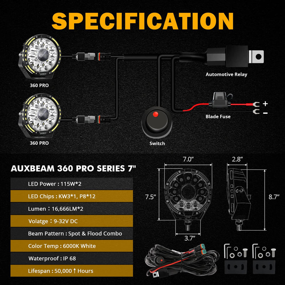 Auxbeam 360-PRO round lights focusing spot reflectors for long-range safety