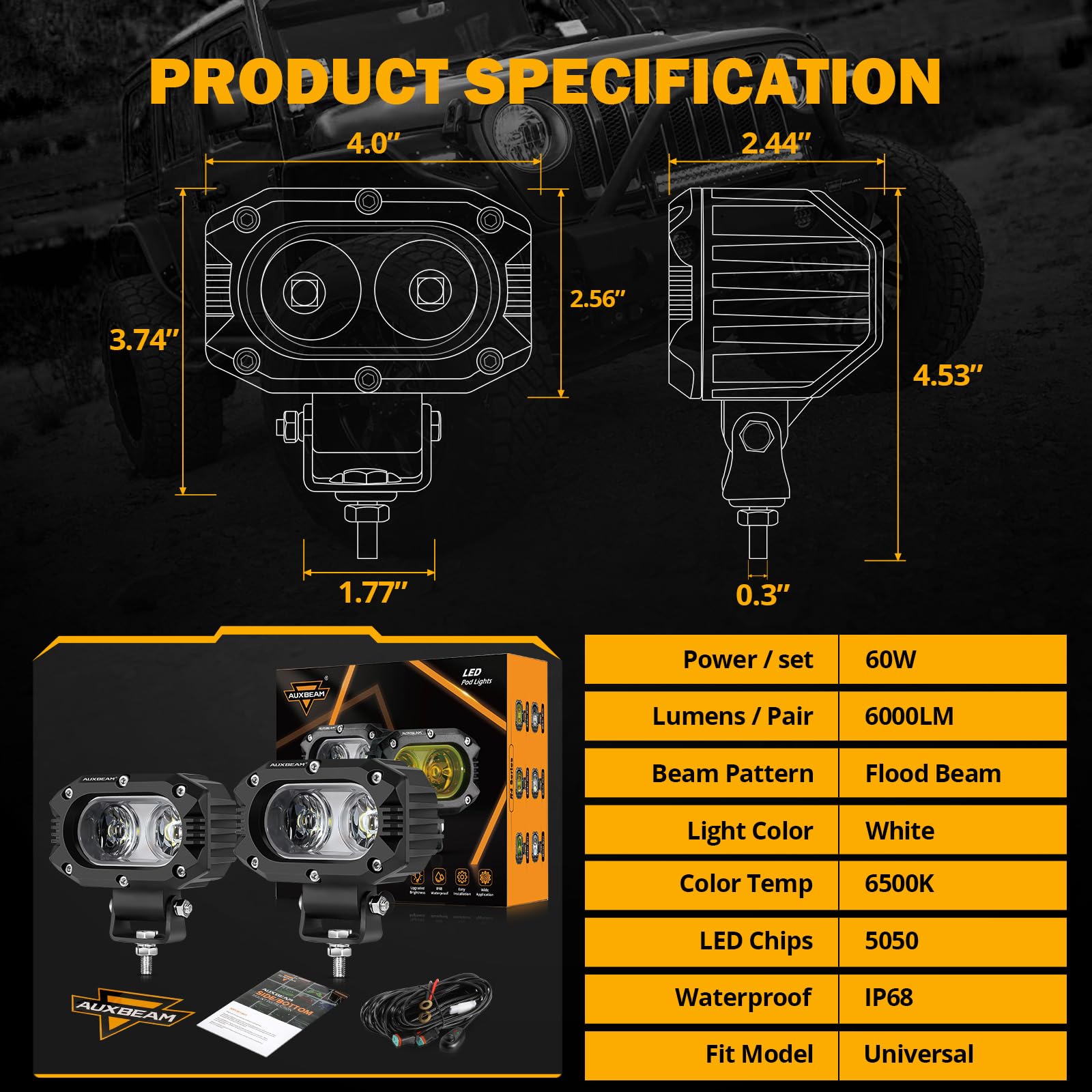 Auxbeam pods provide 6000LM brightness for clear night driving.