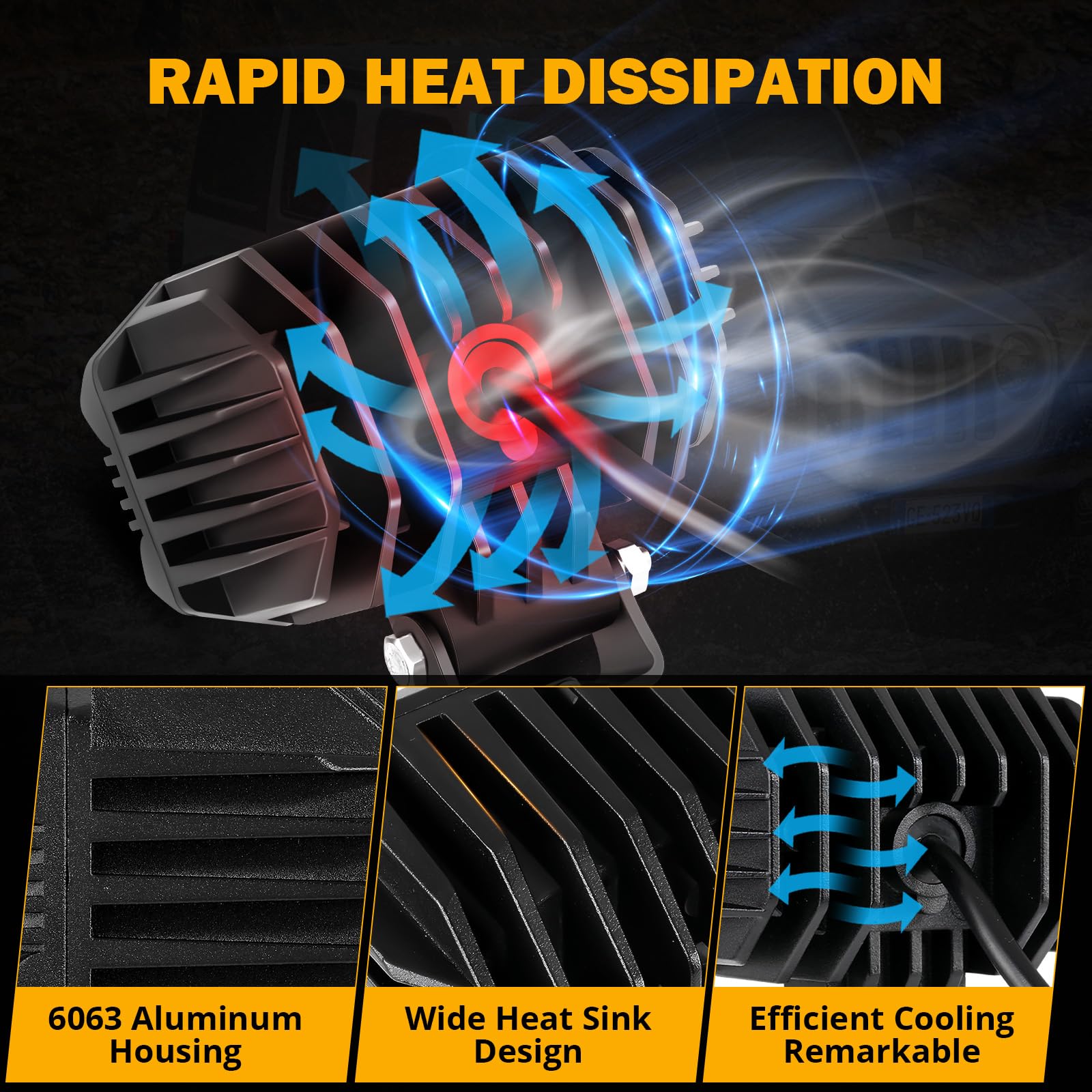 Aluminum heat sink design aids heat dissipation in Auxbeam pods.