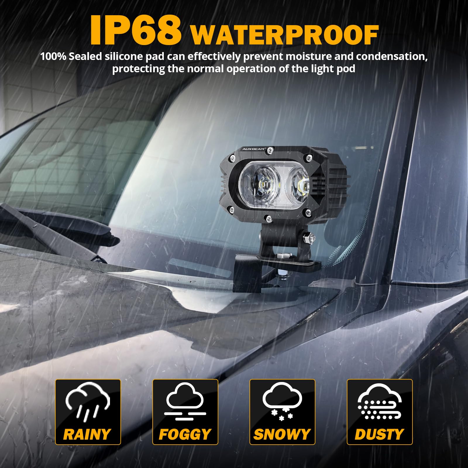IP68 weatherproof Auxbeam light pods withstand rain and snow.