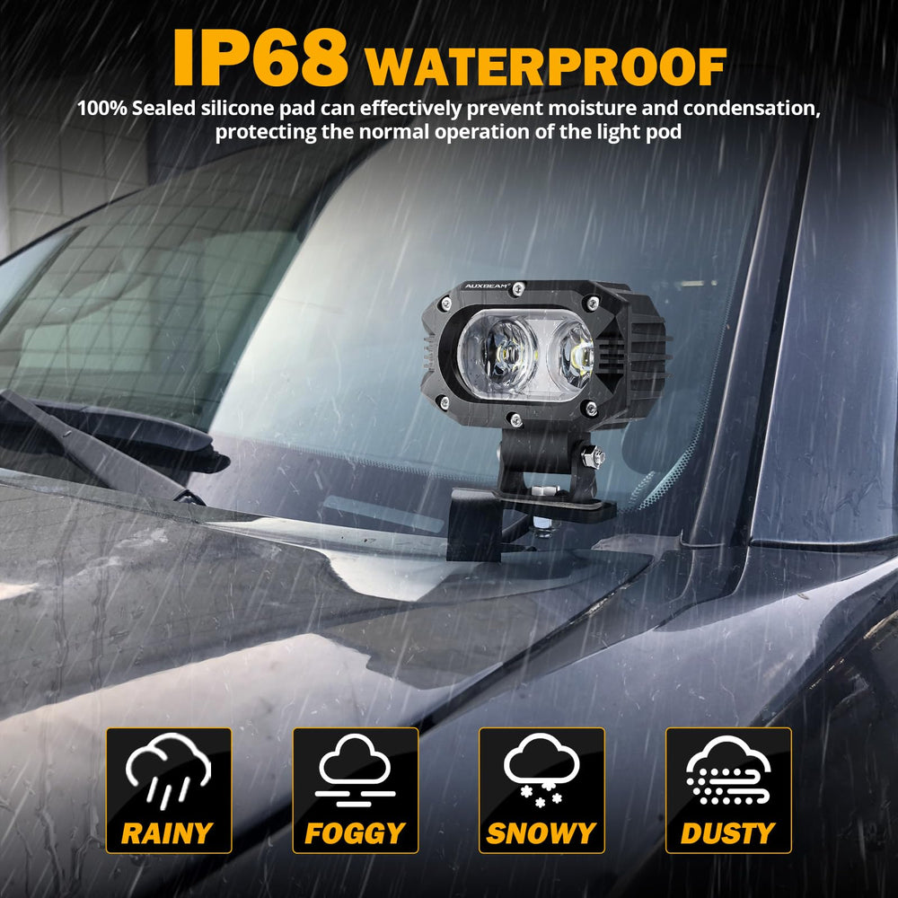 IP68 weatherproof Auxbeam light pods withstand rain and snow.
