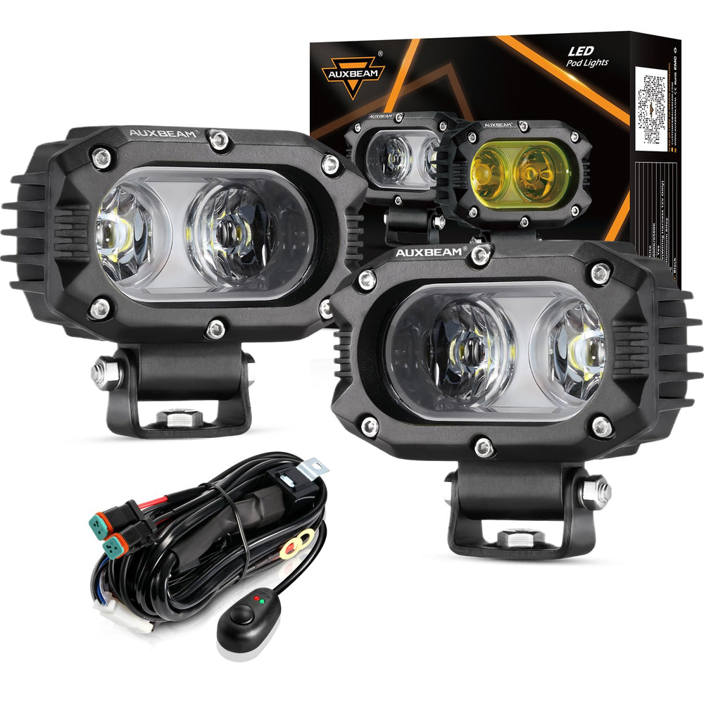 Auxbeam 4-inch LED light pods deliver a wide flood beam for night visibility.