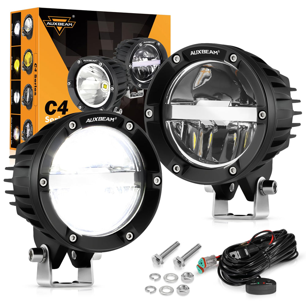Auxbeam 4-inch round offroad light closeup shows compact design for rugged night driving.