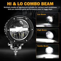Auxbeam 4-inch round offroad light mounted on truck improves visibility on rough terrains.