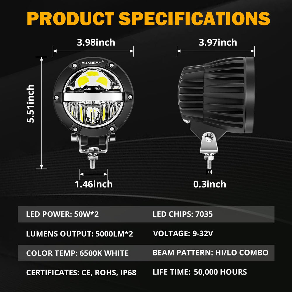 Auxbeam 4-inch round offroad light delivers powerful lighting for wide-beam night drives.