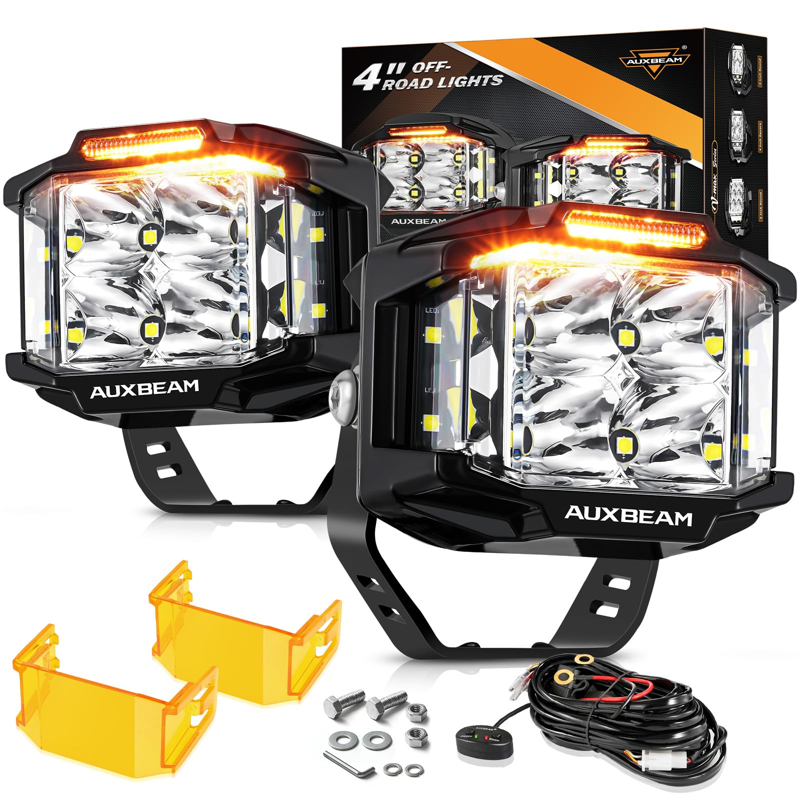 Auxbeam 4in 92W cube LED pod with amber DRL for improved night visibility