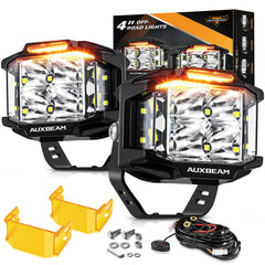 Auxbeam 4in 92W cube LED pod with amber DRL for improved night visibility