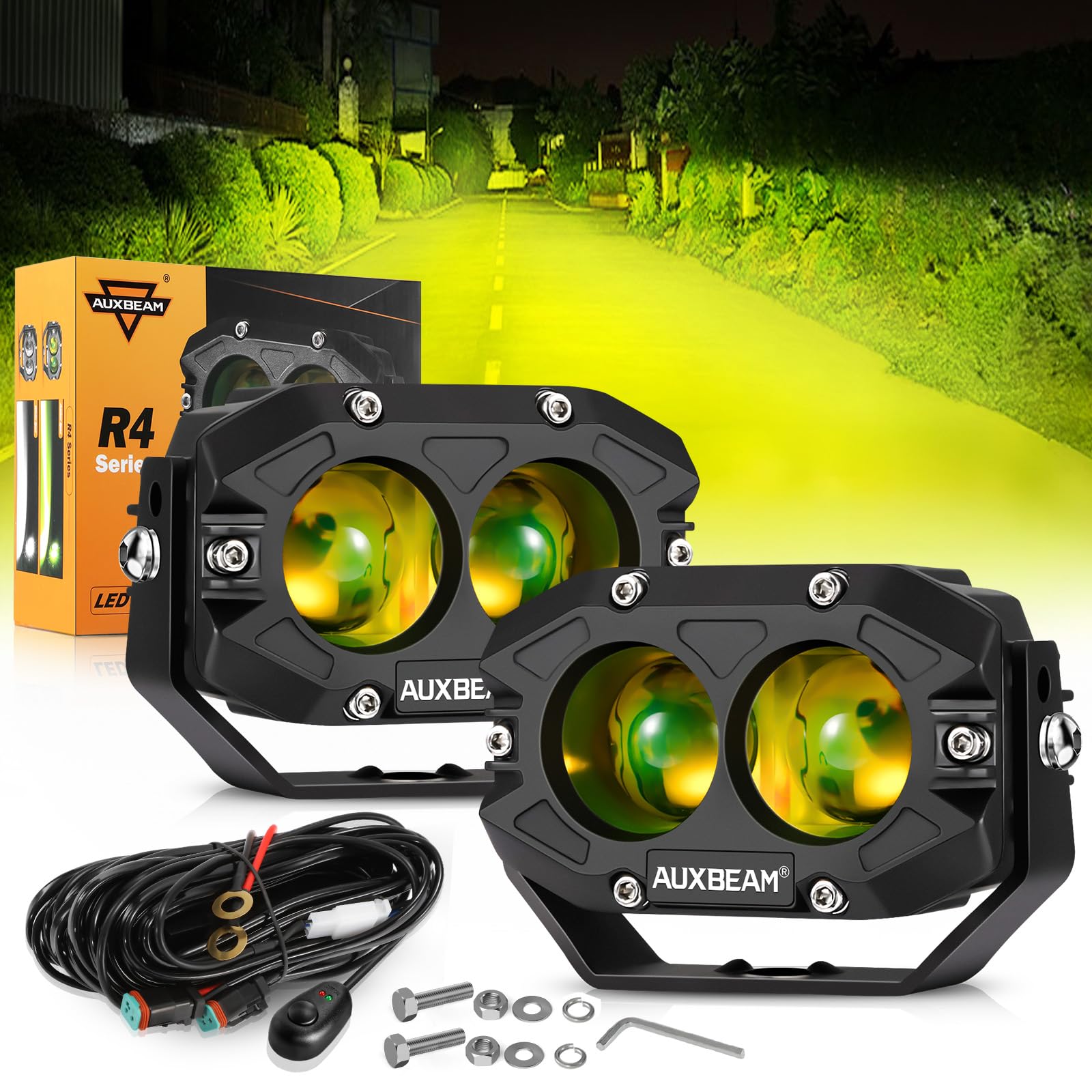 Auxbeam 4In amber fog light pod front view, bright amber beam for off-road visibility.