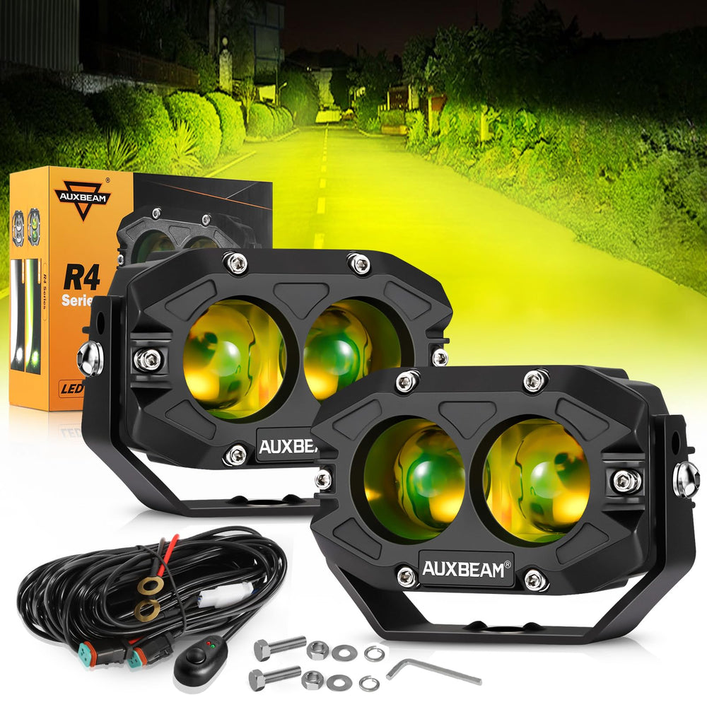 Auxbeam 4In amber fog light pod front view, bright amber beam for off-road visibility.