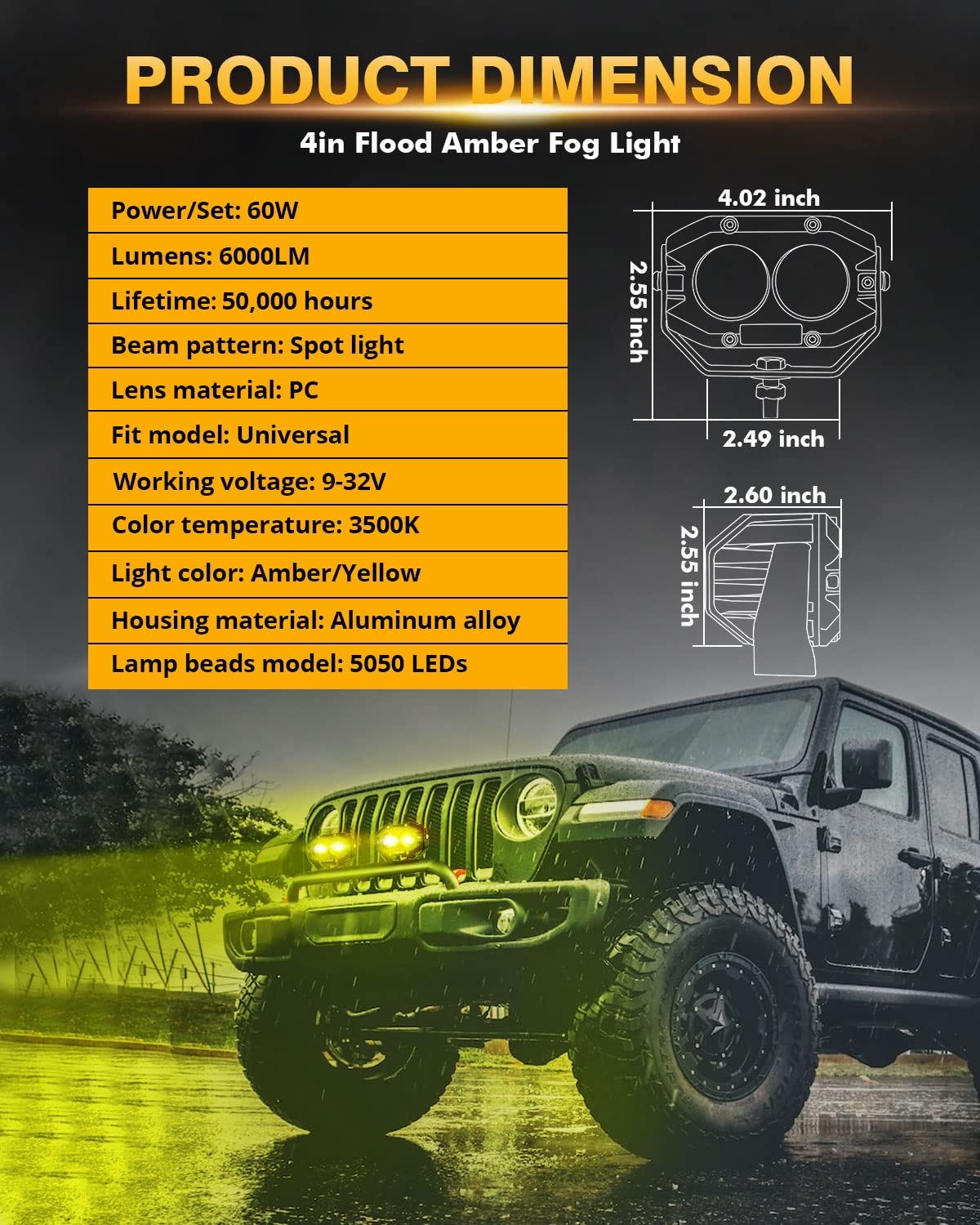 Auxbeam 4In amber fog light pod installation bracket close-up showing durable housing.