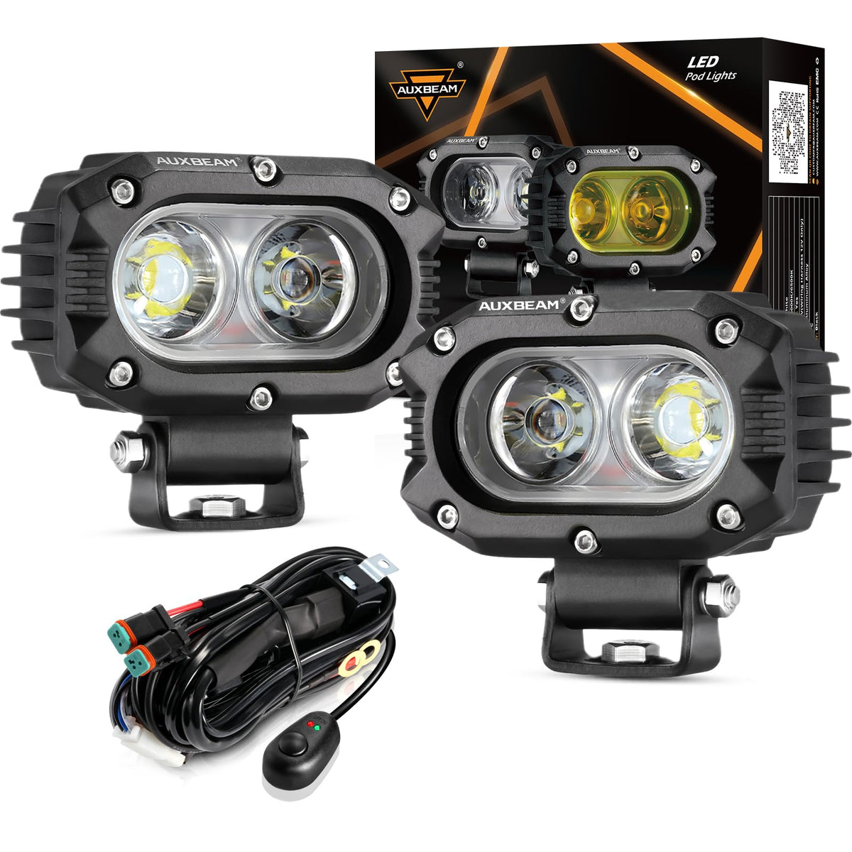 Auxbeam 4-inch LED pod light front view highlighting wide flood beam for visibility.