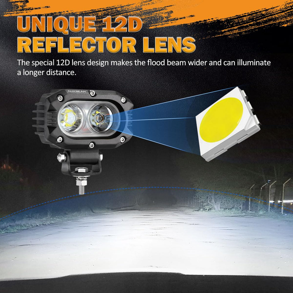 Auxbeam 4-inch pod light lens close-up showing the 12D optic and even light spread.