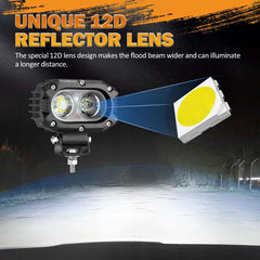 Auxbeam 4-inch pod light lens close-up showing the 12D optic and even light spread.