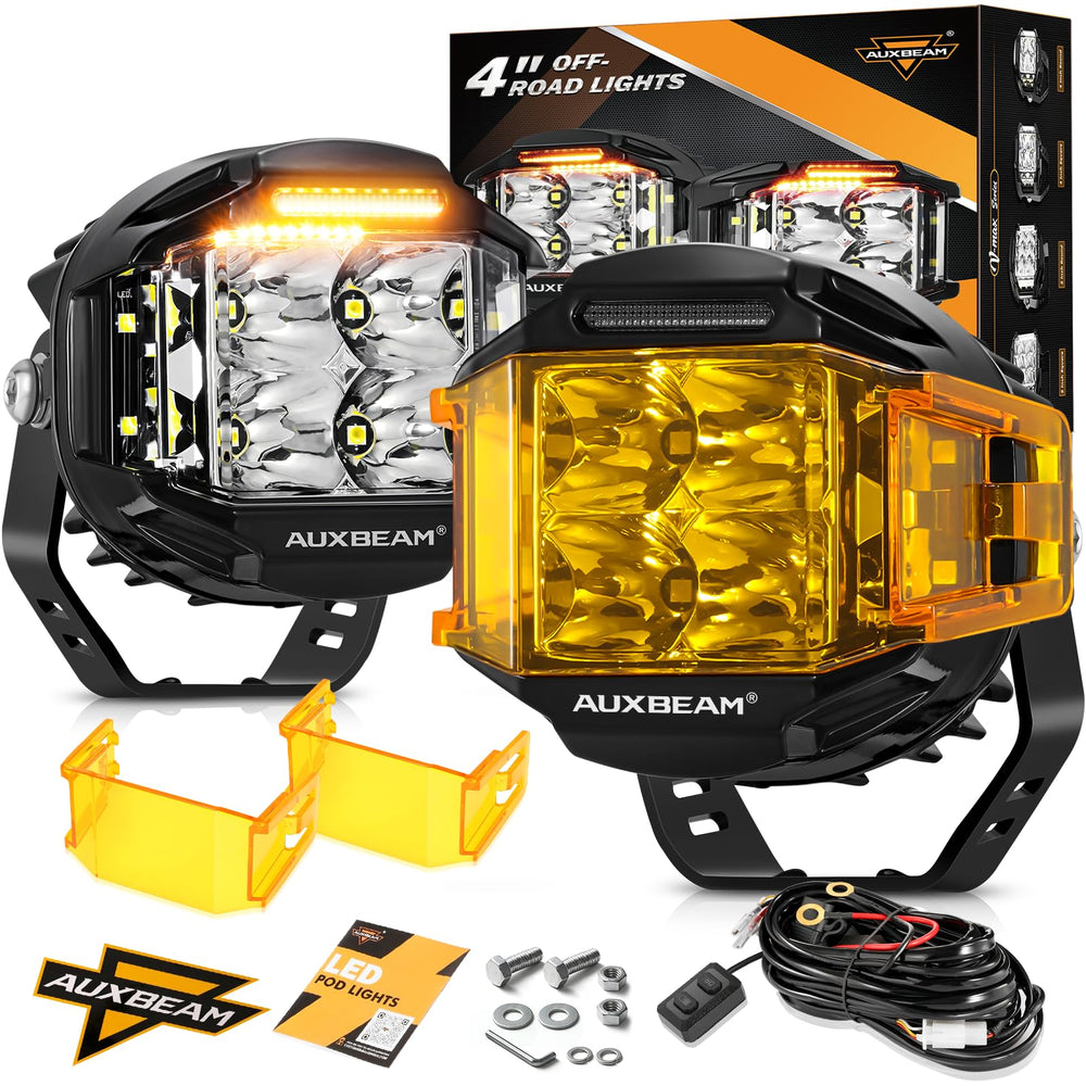 Auxbeam 4in VMAX pods provide bright front-view illumination for night driving.