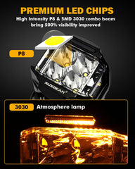 Auxbeam VMAX side-shooter pods widen side-angle coverage for rugged trails.