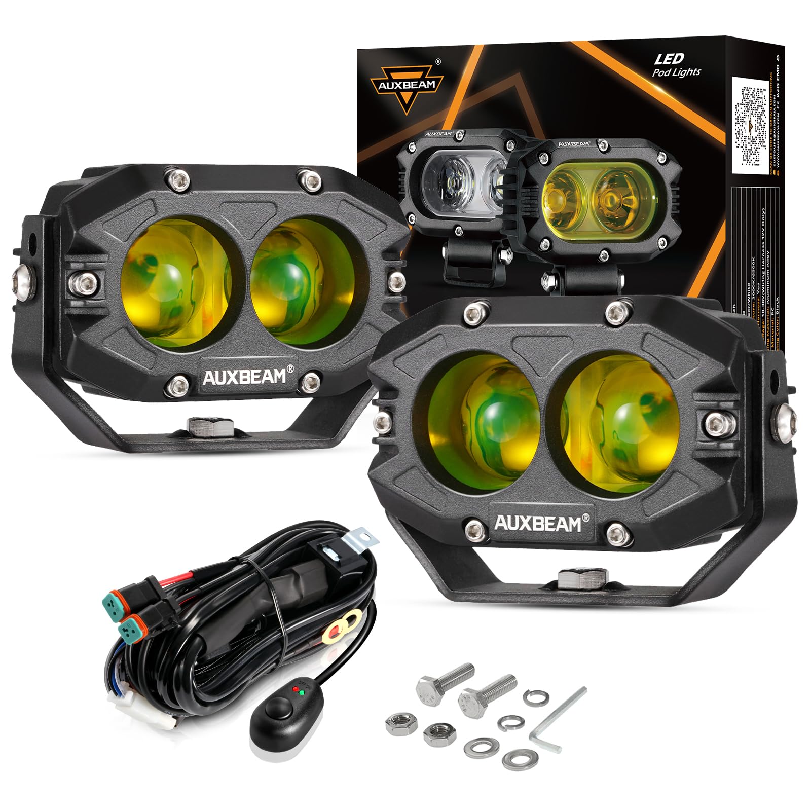 Auxbeam 4 inch amber fog light pod front view enhances forward visibility