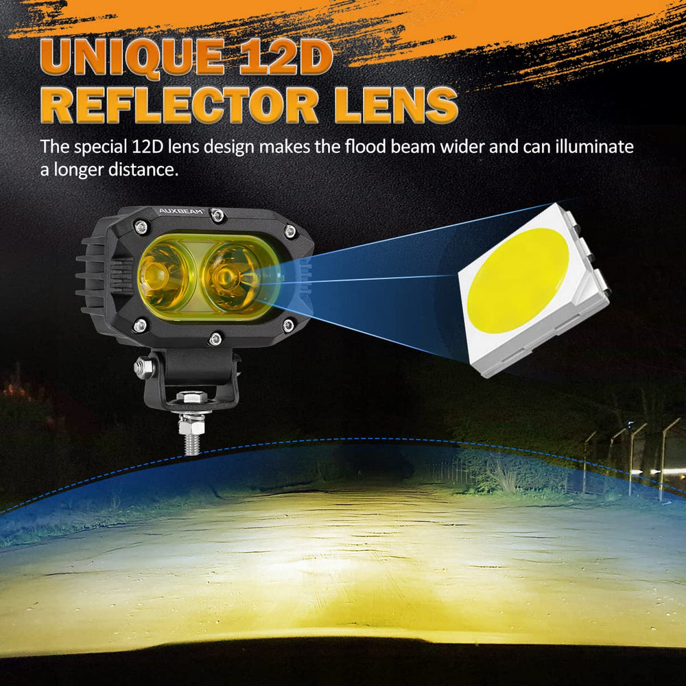 Auxbeam 4-inch LED amber pod light, side profile for rugged off-road mounting