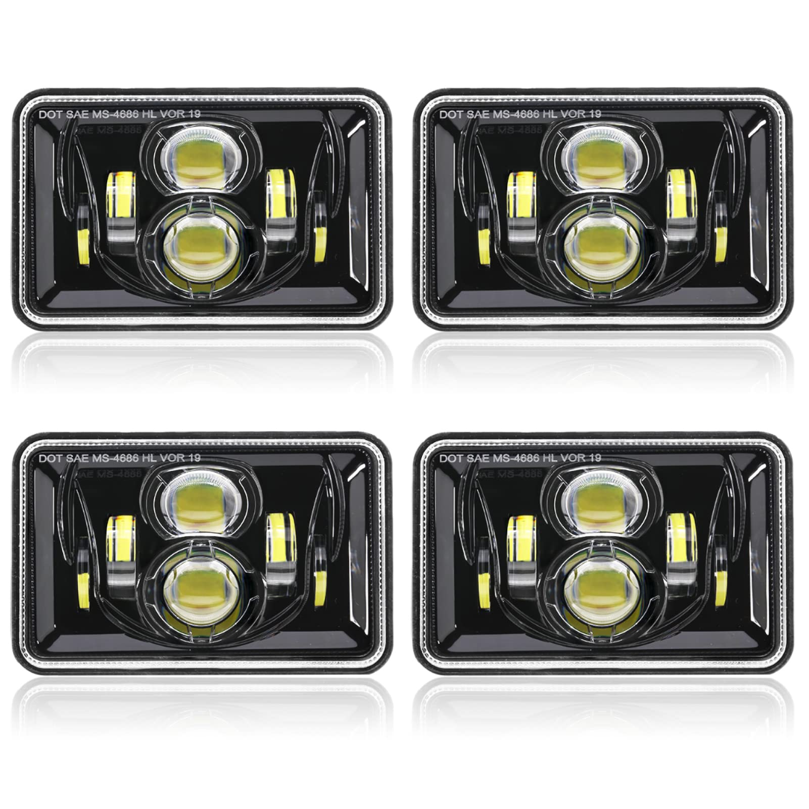 Auxbeam 4x6 LED headlights closeup with projector for brighter highway visibility.