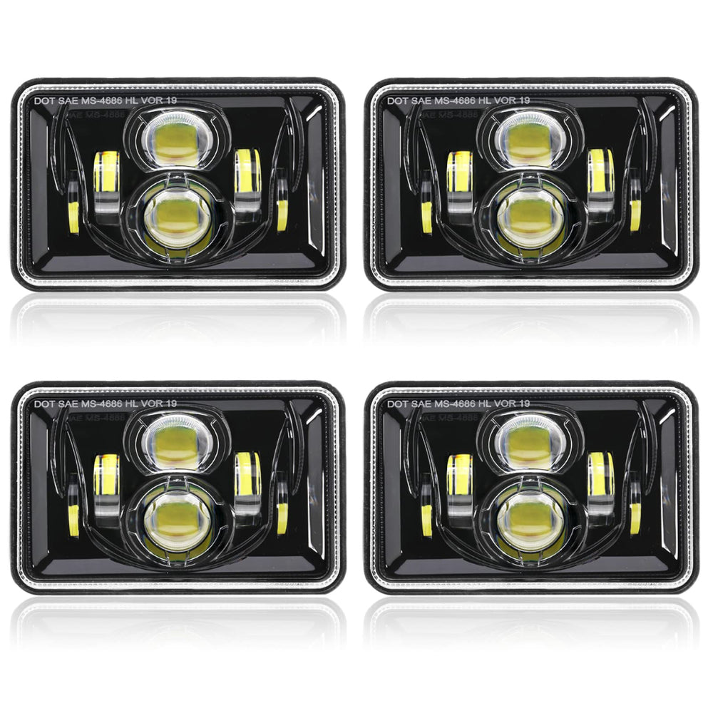 Auxbeam 4x6 LED headlights closeup with projector for brighter highway visibility.