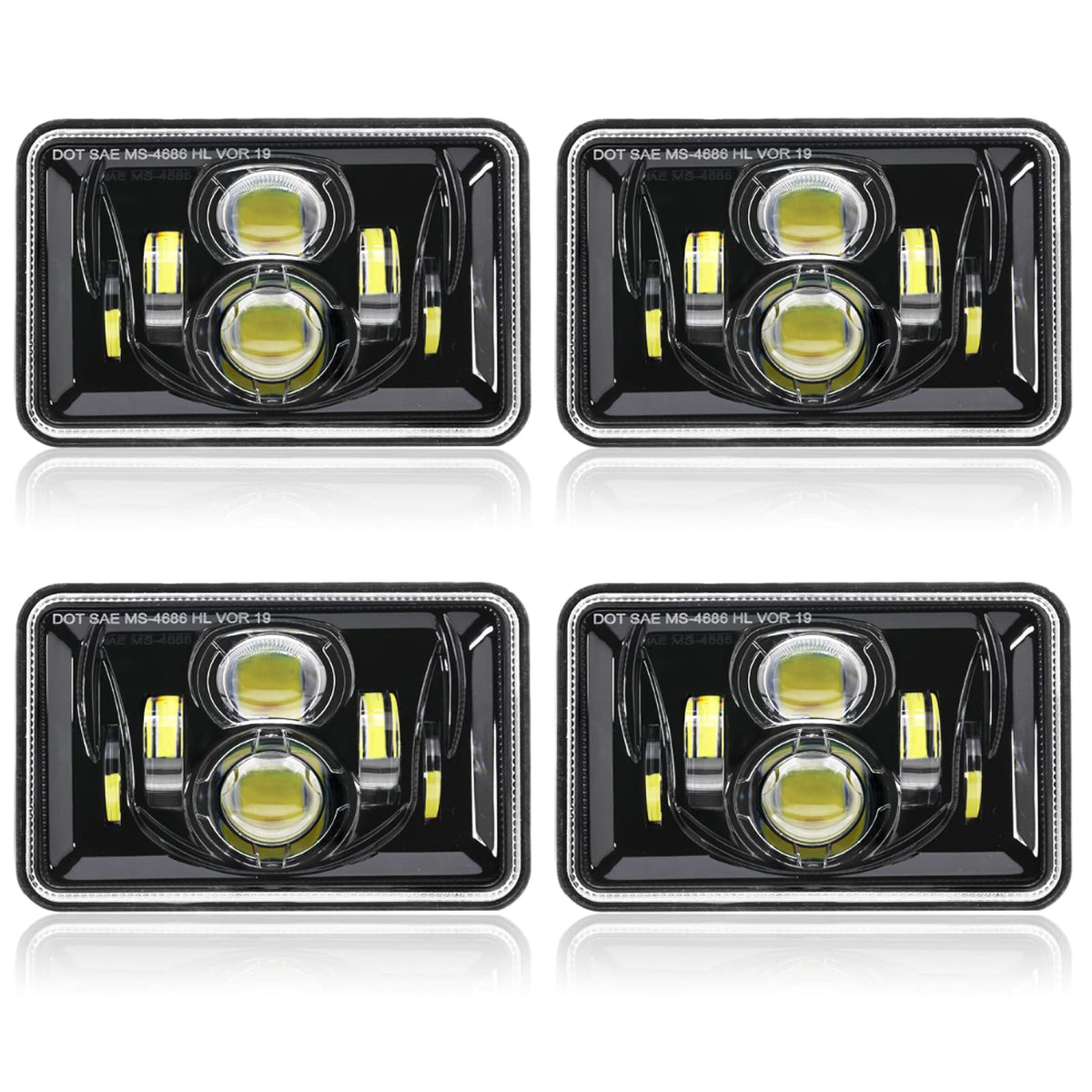 Auxbeam 4x6 LED headlights closeup with projector for brighter highway visibility.