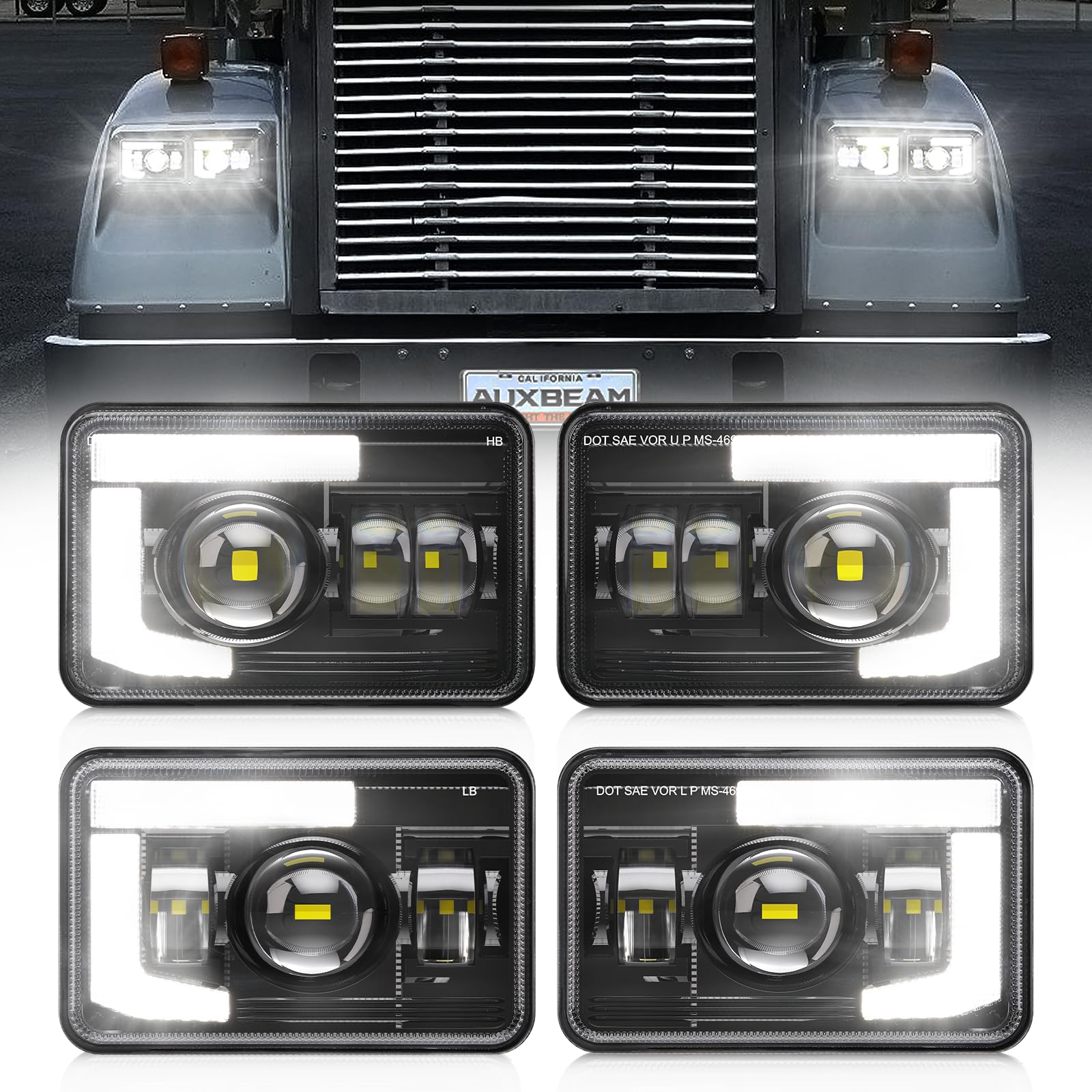Auxbeam 4x6 LED headlights front view enhances night driving visibility