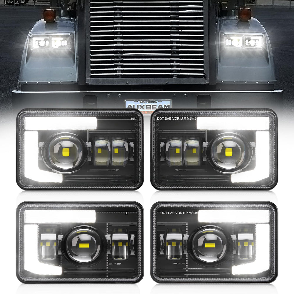 Auxbeam 4x6 LED headlights front view enhances night driving visibility
