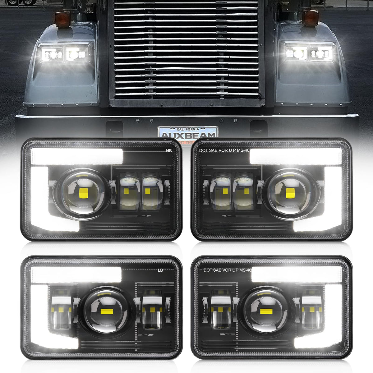 Auxbeam 4x6 LED headlights front view enhances night driving visibility