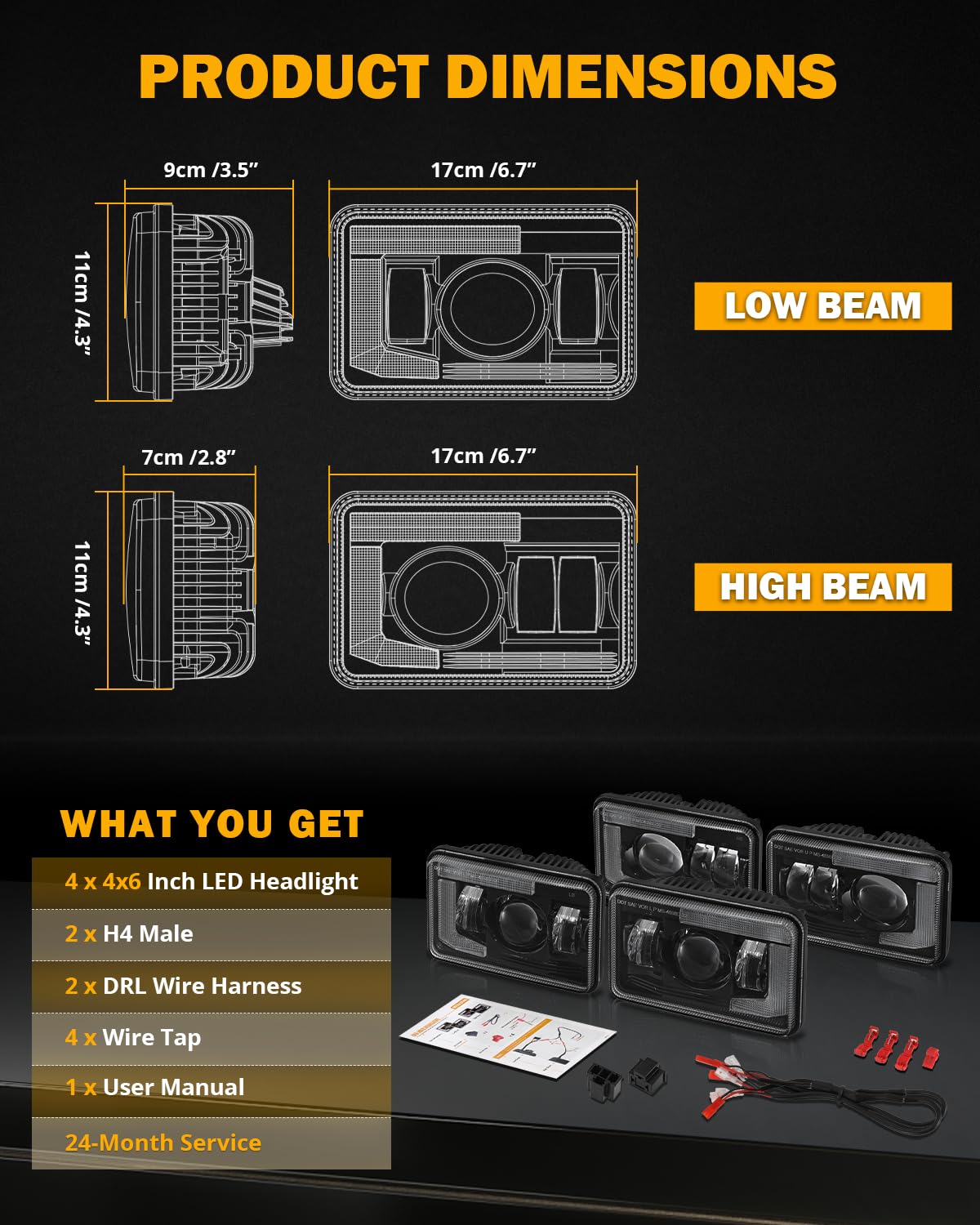 Auxbeam 4x6 LED headlights IP67 waterproof design withstands rain and snow