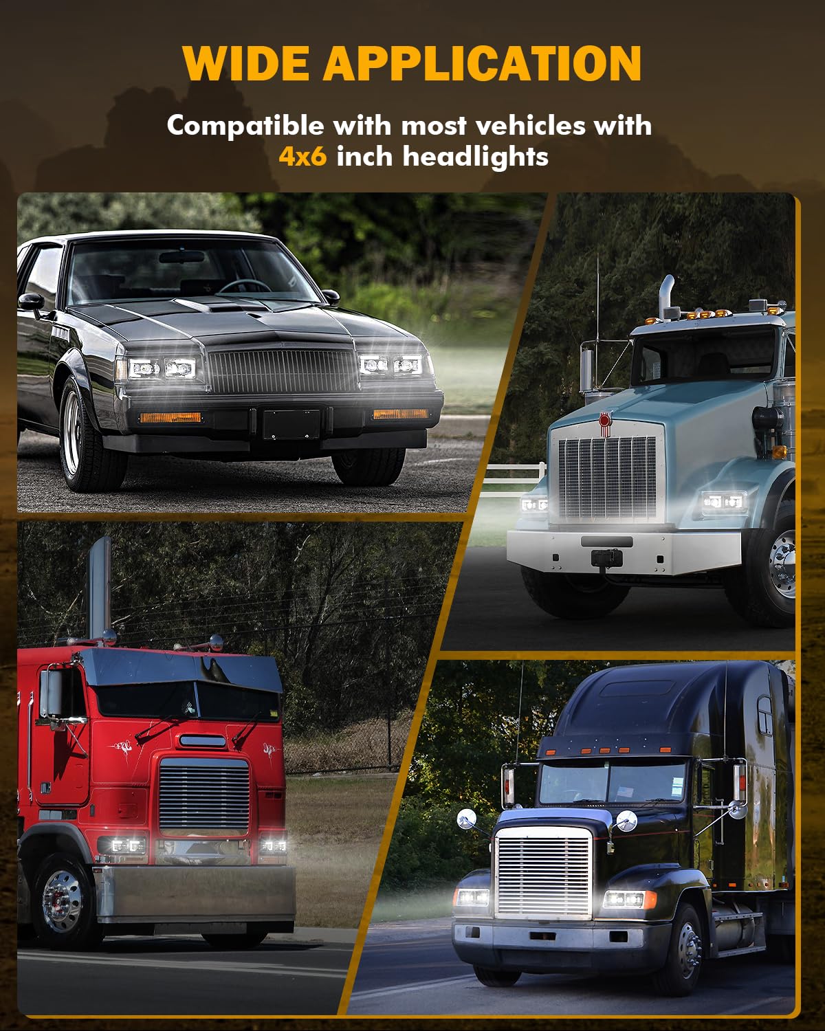 Auxbeam 4x6 LED headlights broad vehicle compatibility fits trucks and more