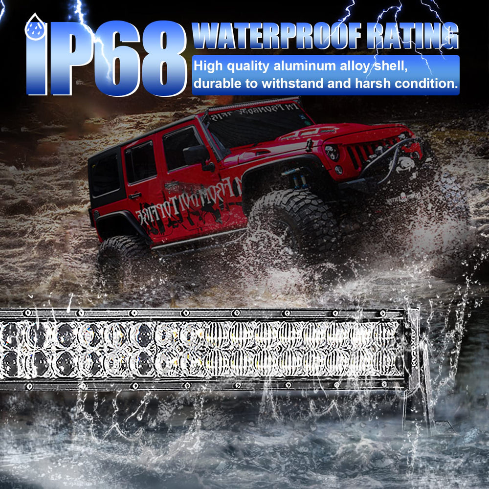 Auxbeam IP68 rated light bar withstands rain and dust in harsh conditions.