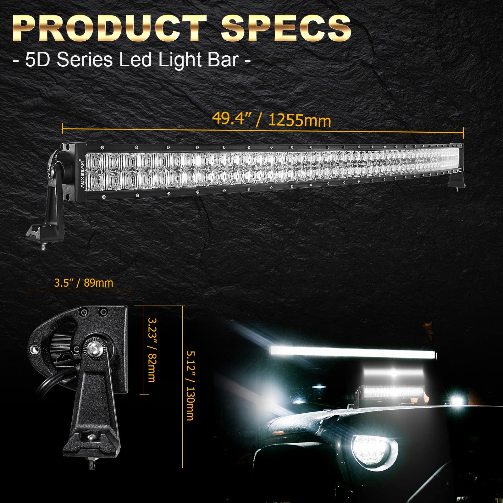 Auxbeam 50-inch light bar side angle shows robust design for rugged terrains.