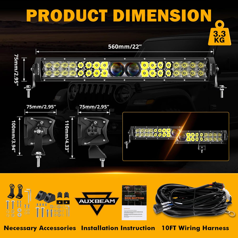 Auxbeam 5D-PRO dual-row beam delivering spot and flood coverage for wide, long-range light