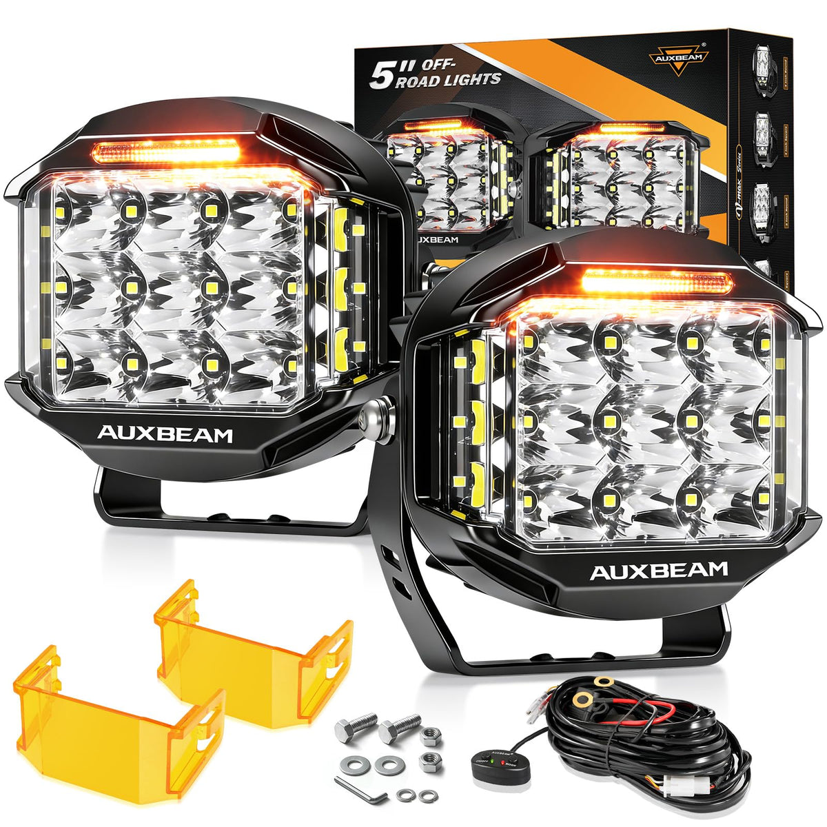 Auxbeam 5in round LED pod with amber DRL for enhanced night visibility.