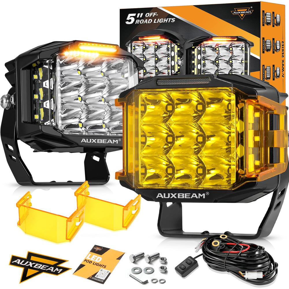 Auxbeam 5-inch LED pod front-driving-light for clear, wide road illumination.