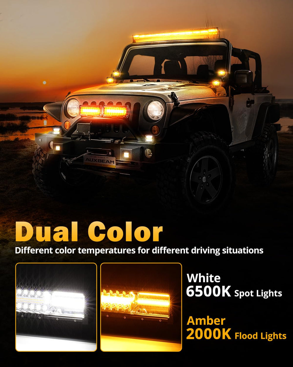 Auxbeam 6063 aluminum housing with heat sinks for durable off-road performance.