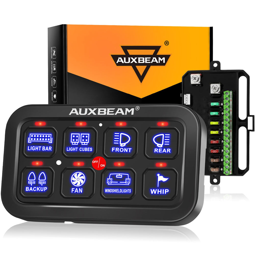 Auxbeam 8-gang switch panel front view for organized control and quick access.