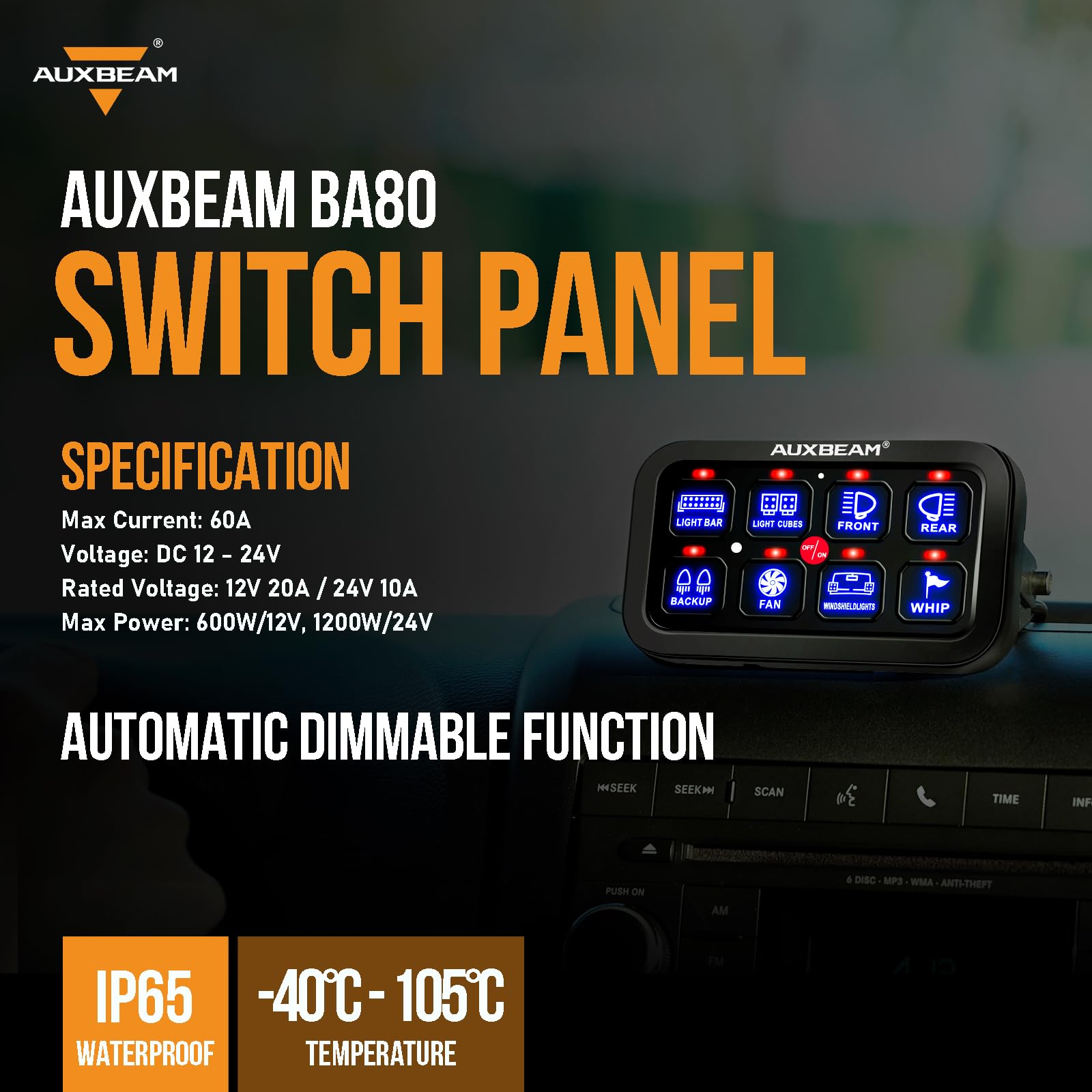 Auxbeam 8-gang panel IP65 protection ensures reliability in wet or dusty environments.