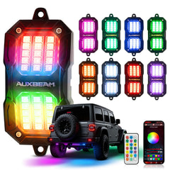 Auxbeam 8-pod RGB rock lights illuminate truck underglow vividly.