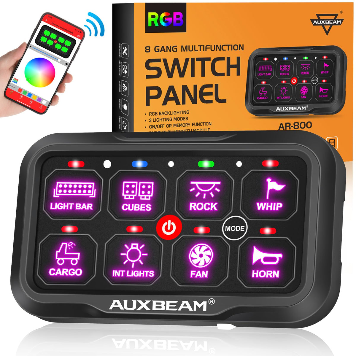 Auxbeam 8-gang Bluetooth AR-800 panel with wireless vehicle control