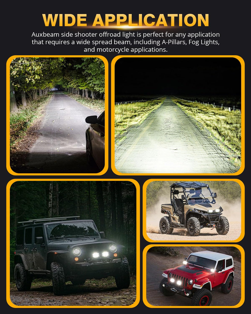 Auxbeam 9-24V operation suits trucks, ATVs, UTVs, and boats.