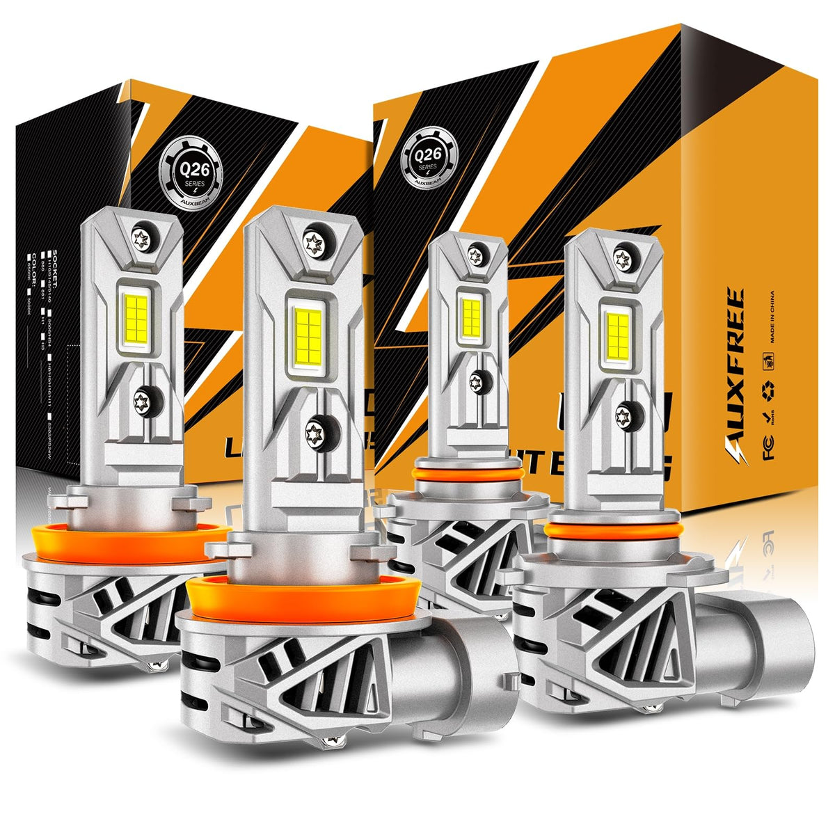 Auxbeam 9005 H11 fog light close-up of S Knight chips for clear night visibility