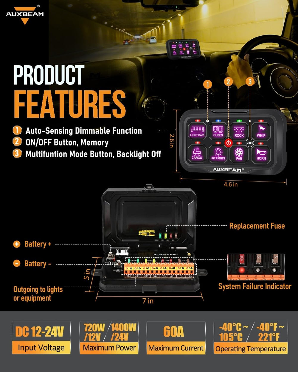 Auxbeam waterproof covers guard switches in harsh environments.